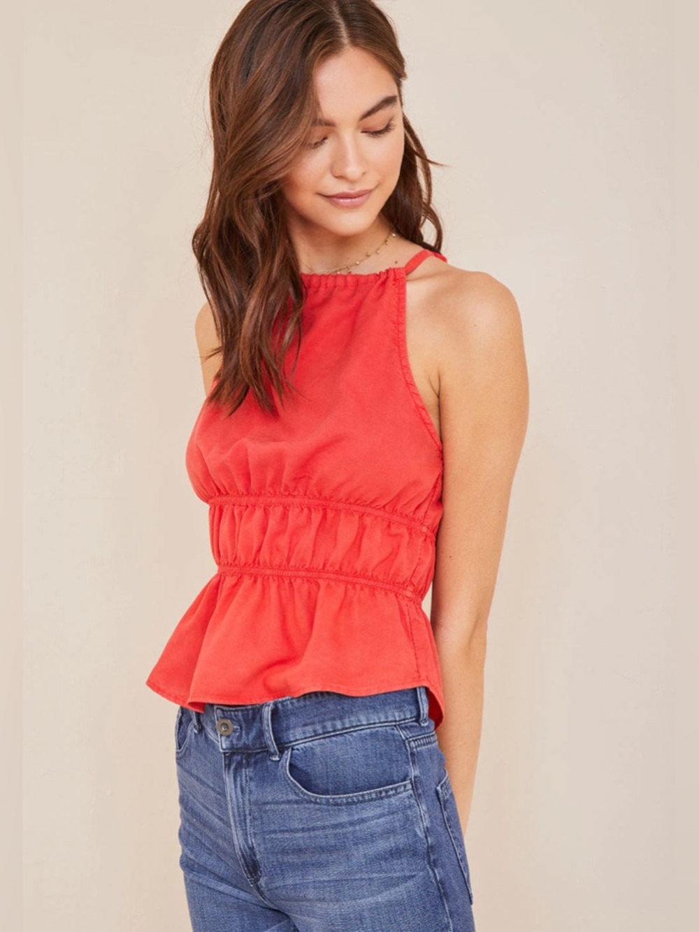 NWT Bella Dahl Smocked Waist Halter Top Azalea Red Size L